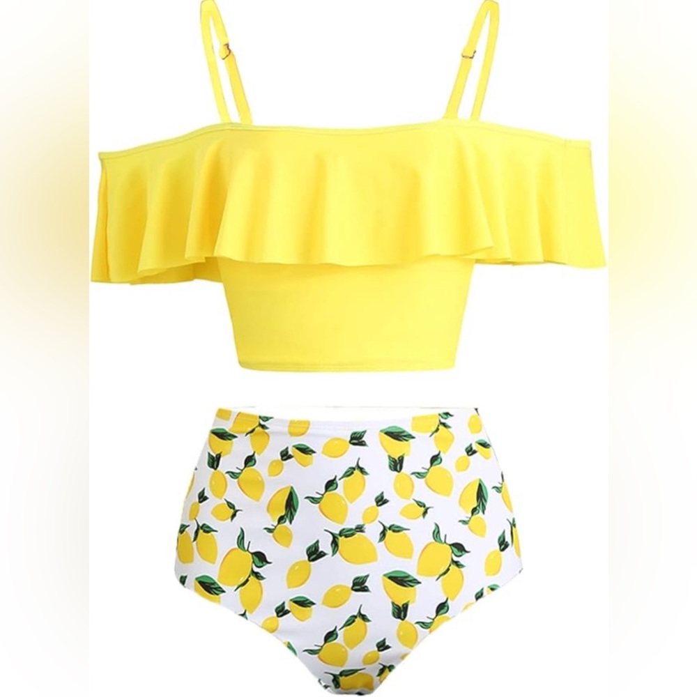 Yellow Off-Shoulder Lemon Print Bikini